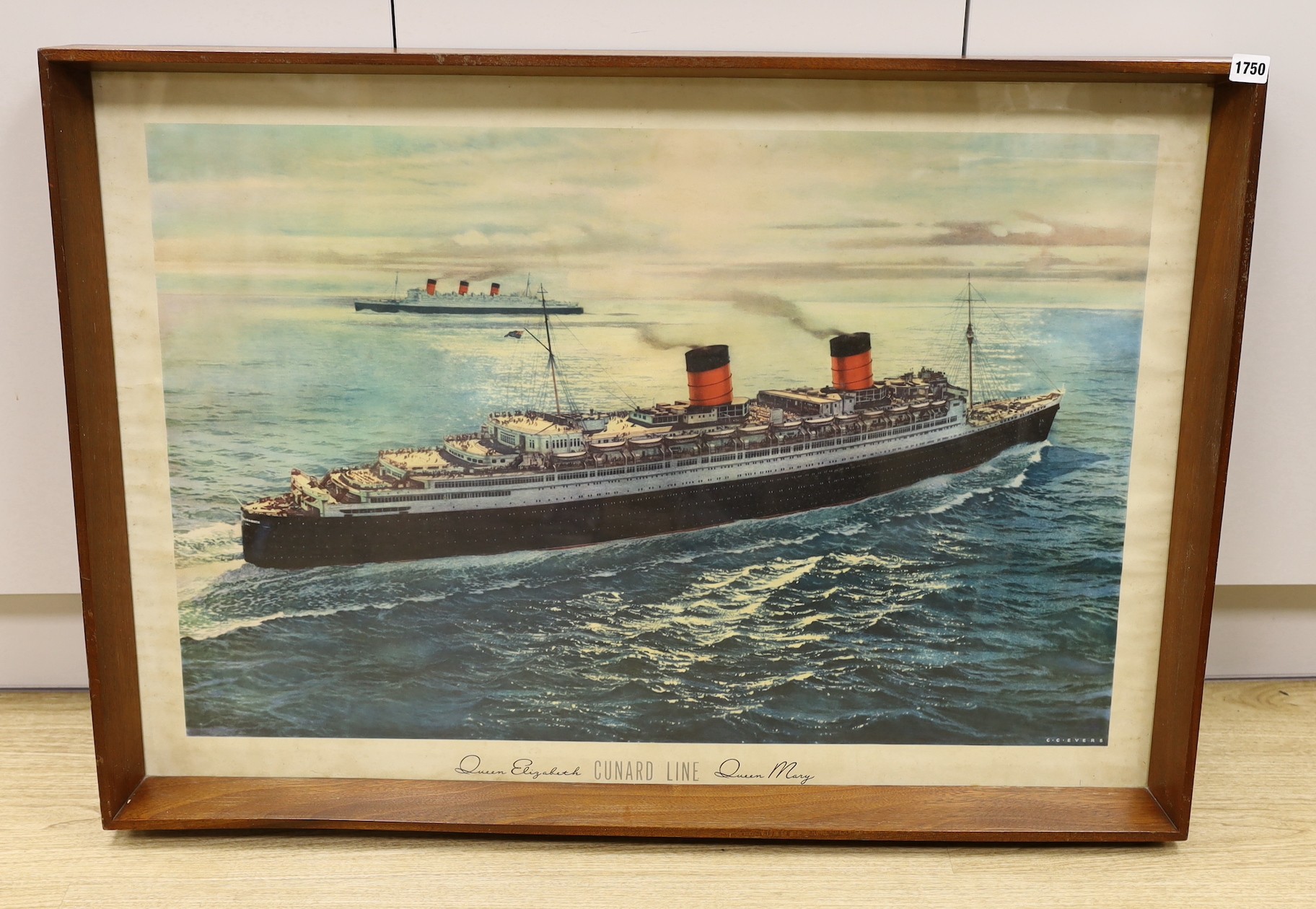 Cunard Line, Queen Elizabeth and Queen Mary print of watercolour by C.C. Evans, 71 x 102cm